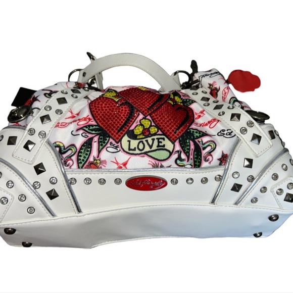 *RESERVED* ED HARDY BLING WHITE SATCHEL SKULLS RHINESTONE HEARTS ROSES CHARMS - Picture 10 of 15